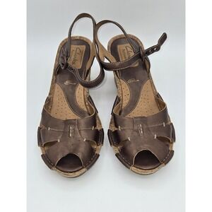 Clarks Artisan Alameda Womens Bronze Metallic Leather Cork Wedge Sandal 8M